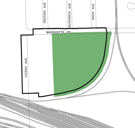 67th/Cicero TIF district, roughly bounded on the north by Marquette Road, the Belt Railway of Chicago rail yard on the south, Knox Avenue on the east, and Cicero Avenue on the west.